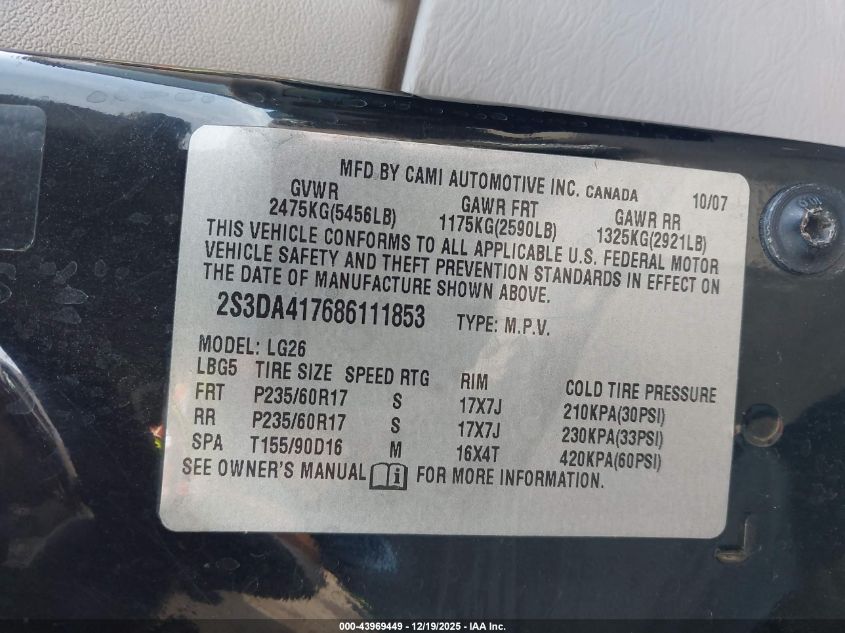 2008 Suzuki Xl7 Luxury VIN: 2S3DA417686111853 Lot: 43969449