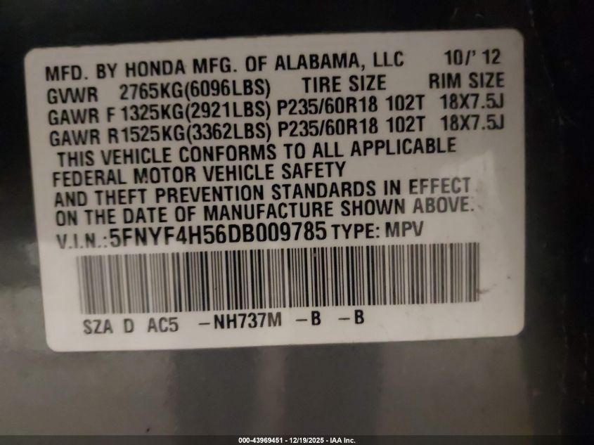 2013 Honda Pilot Ex-L VIN: 5FNYF4H56DB009785 Lot: 43969451