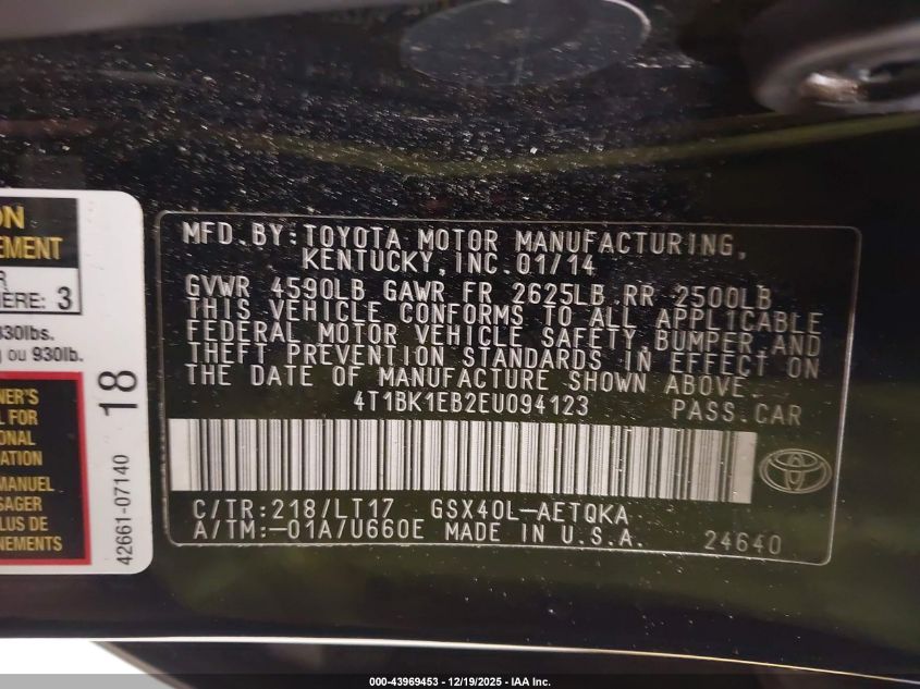 2014 Toyota Avalon Xle Touring VIN: 4T1BK1EB2EU094123 Lot: 43969453