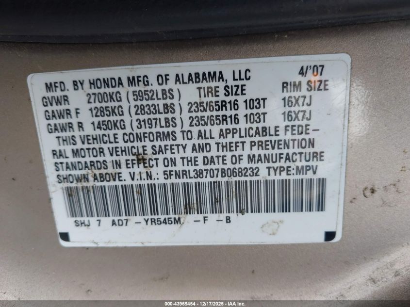 2007 Honda Odyssey Ex-L VIN: 5FNRL38707B068232 Lot: 43969454