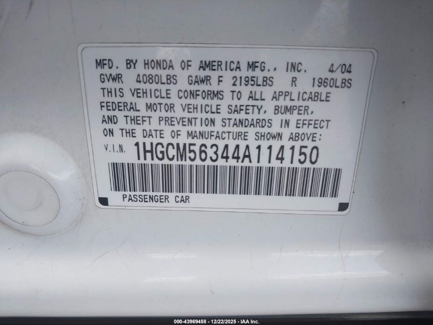 2004 Honda Accord 2.4 Lx VIN: 1HGCM56344A114150 Lot: 43969458