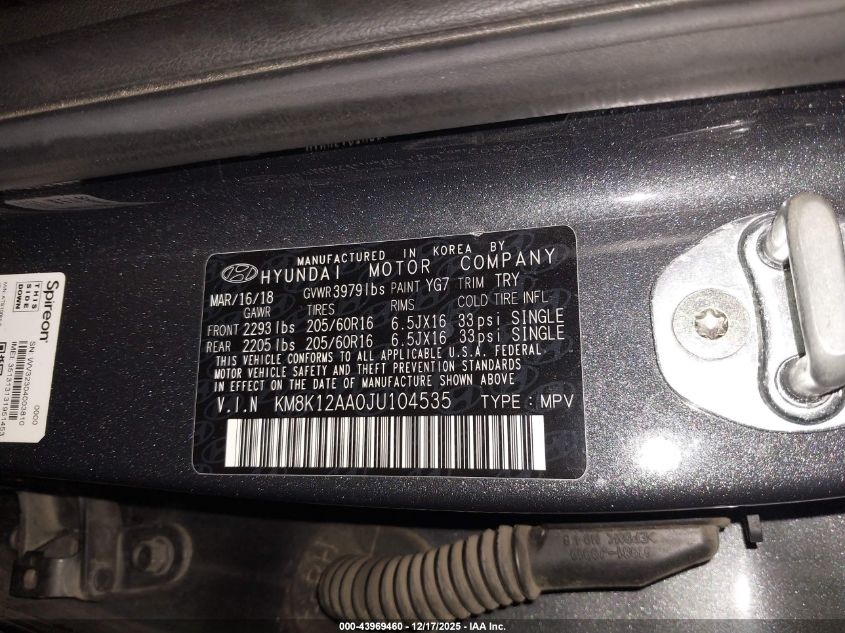 2018 Hyundai Kona Se VIN: KM8K12AA0JU104535 Lot: 43969460