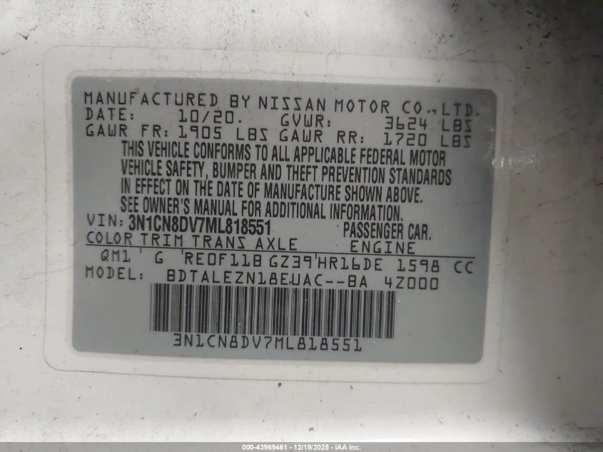 2021 Nissan Versa S Xtronic Cvt VIN: 3N1CN8DV7ML818551 Lot: 43969461