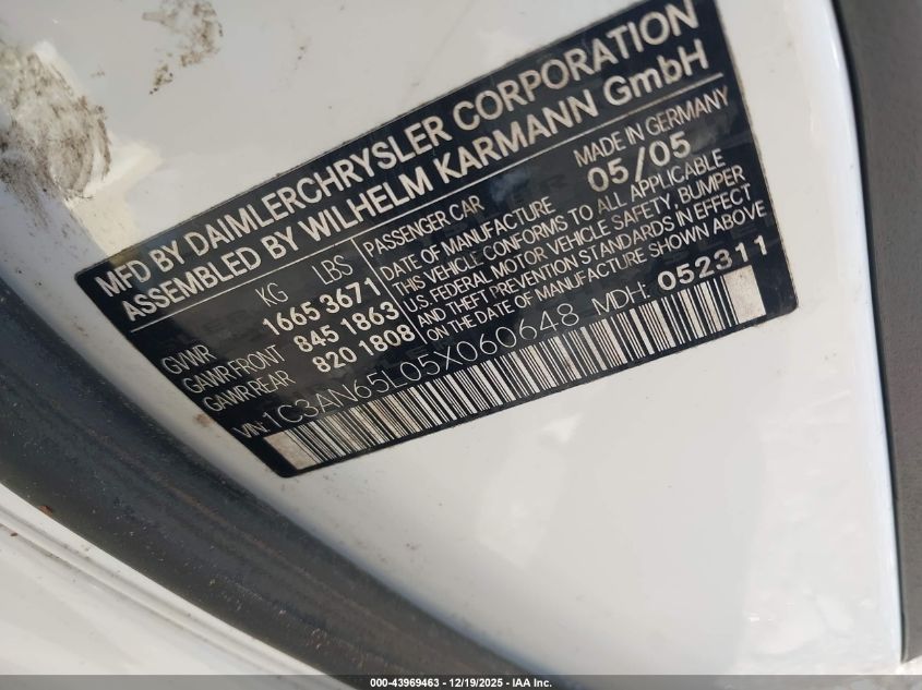 2005 Chrysler Crossfire Limited VIN: 1C3AN65L05X060648 Lot: 43969463