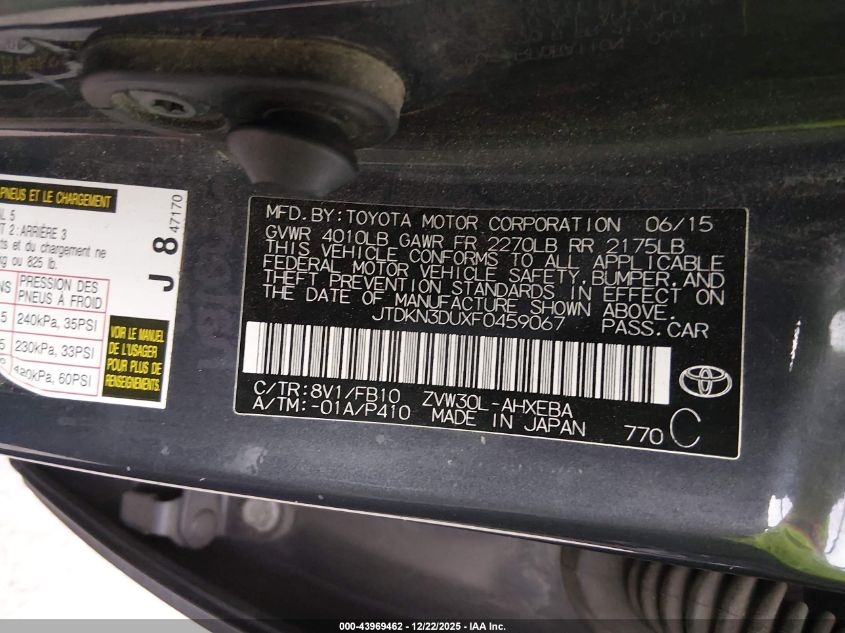 2015 Toyota Prius Three VIN: JTDKN3DUXF0459067 Lot: 43969462