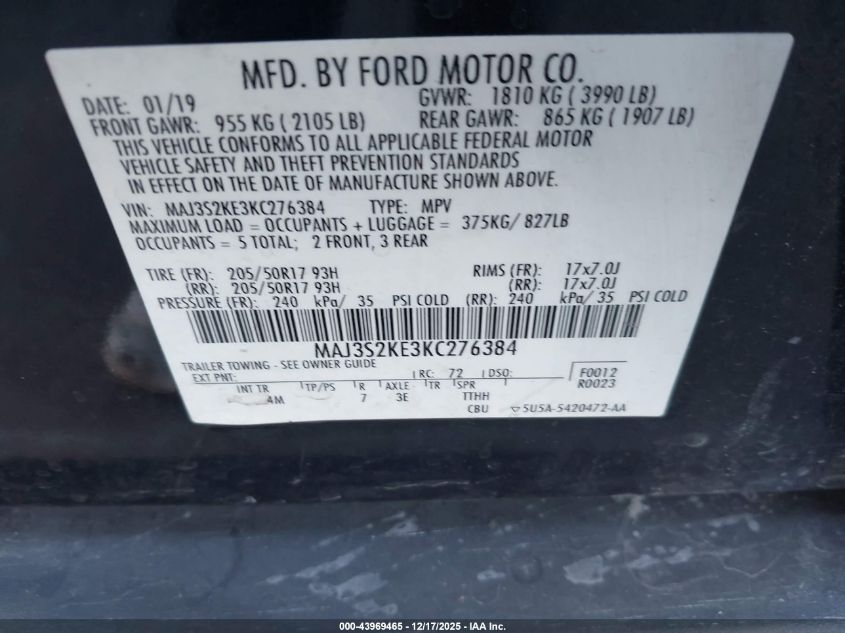 2019 Ford Ecosport Titanium VIN: MAJ3S2KE3KC276384 Lot: 43969465