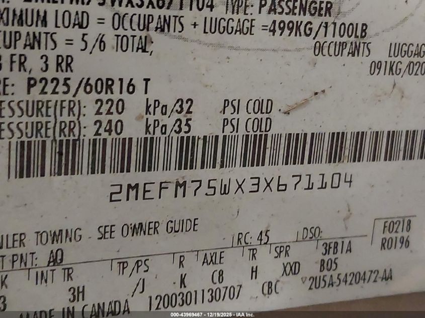 2003 Mercury Grand Marquis Ls VIN: 2MEFM75WX3X671104 Lot: 43969467