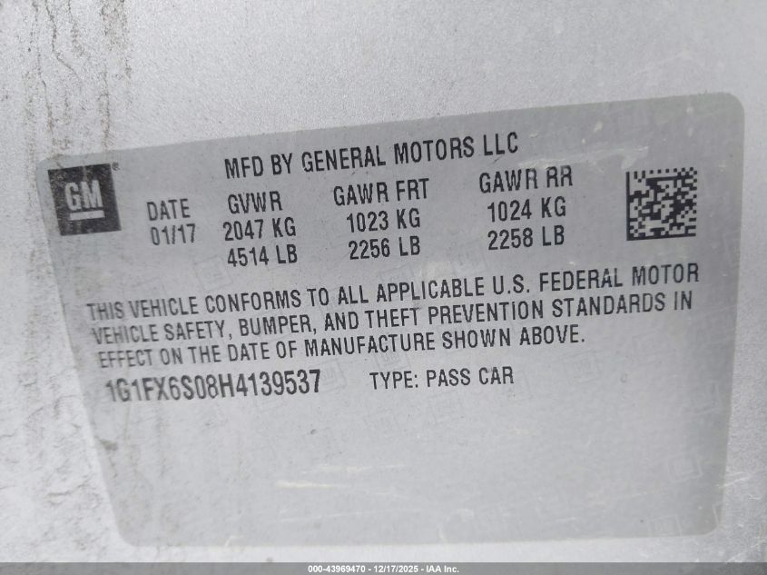 2017 Chevrolet Bolt Ev Premier VIN: 1G1FX6S08H4139537 Lot: 43969470