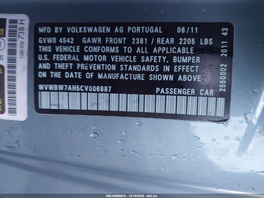 2012 Volkswagen Eos Komfort VIN: WVWBW7AH5CV006887 Lot: 43969472