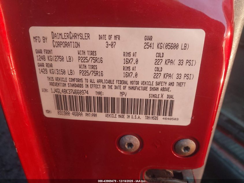 2007 Jeep Liberty Sport VIN: 1J4GL48K37W660974 Lot: 43969479