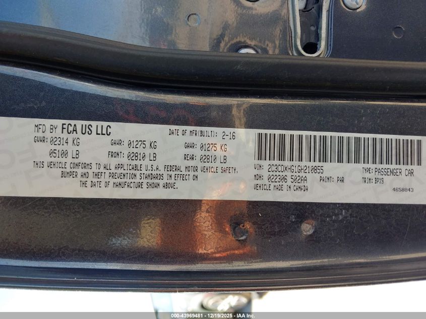 2016 Dodge Charger Sxt VIN: 2C3CDXHG1GH210855 Lot: 43969481