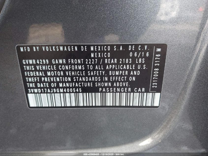 2016 Volkswagen Jetta 1.8T Sport VIN: 3VWD17AJ9GM400545 Lot: 43969489
