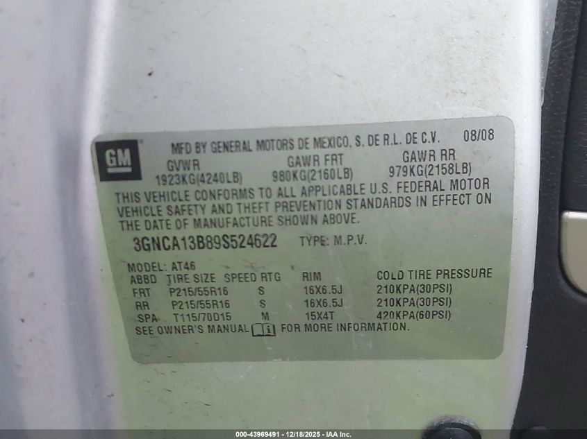 2009 Chevrolet Hhr Ls VIN: 3GNCA13B89S524622 Lot: 43969491