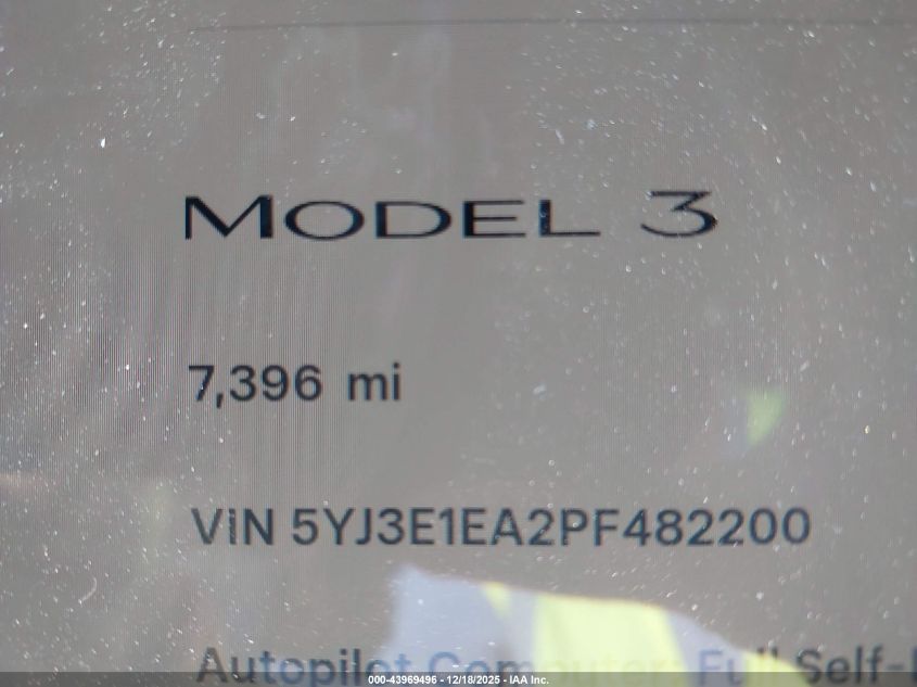 2023 Tesla Model 3 Rear-Wheel Drive VIN: 5YJ3E1EA2PF482200 Lot: 43969496