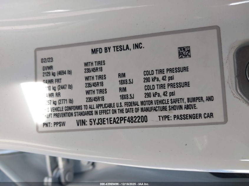 2023 Tesla Model 3 Rear-Wheel Drive VIN: 5YJ3E1EA2PF482200 Lot: 43969496