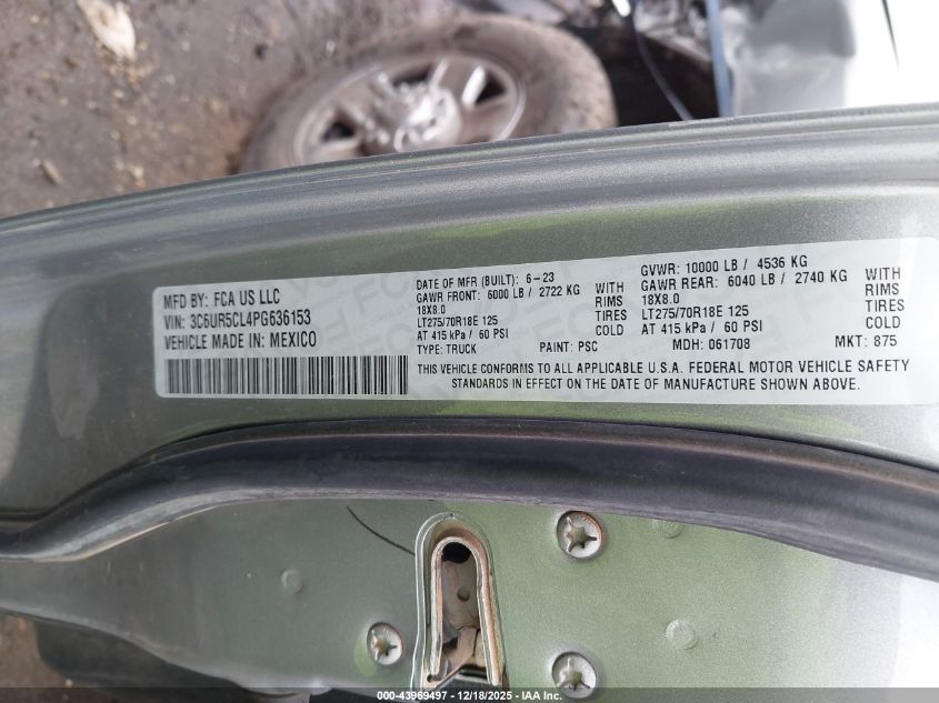 2023 Ram 2500 Tradesman 4X4 6'4 Box VIN: 3C6UR5CL4PG636153 Lot: 43969497