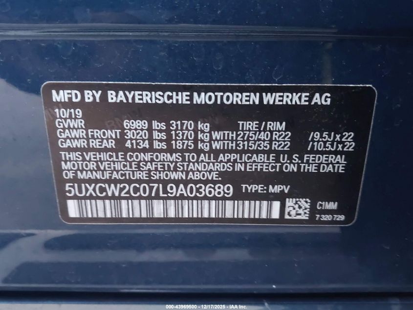 2020 BMW X7 xDrive40I VIN: 5UXCW2C07L9A03689 Lot: 43969500