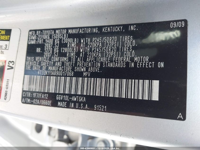 2009 Toyota Venza Base V6 VIN: 4T3ZK11A89U017068 Lot: 43969501