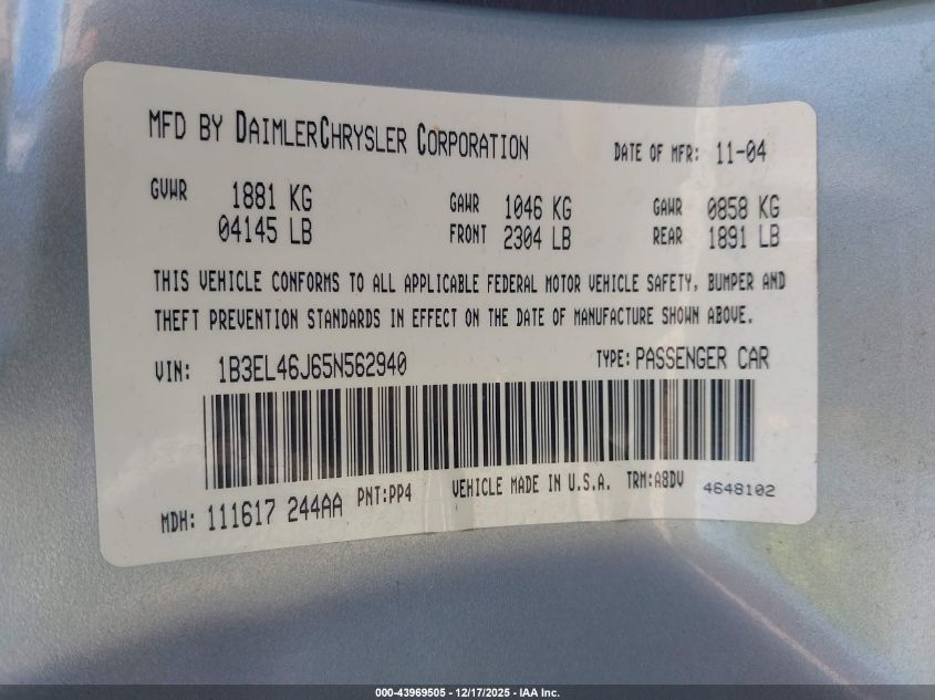 2005 Dodge Stratus Sxt VIN: 1B3EL46J65N562940 Lot: 43969505
