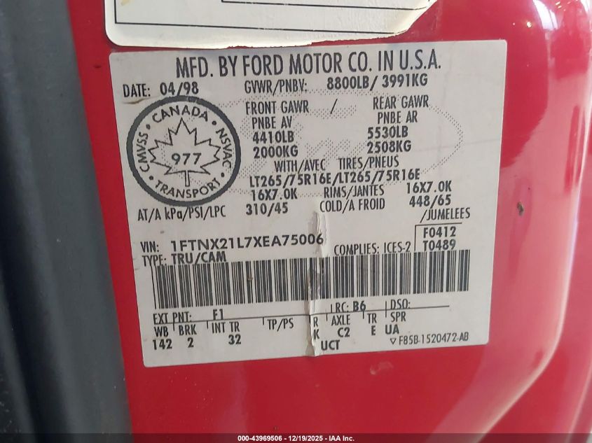 1999 Ford F-250 Lariat/Xl/Xlt VIN: 1FTNX21L7XEA75006 Lot: 43969506