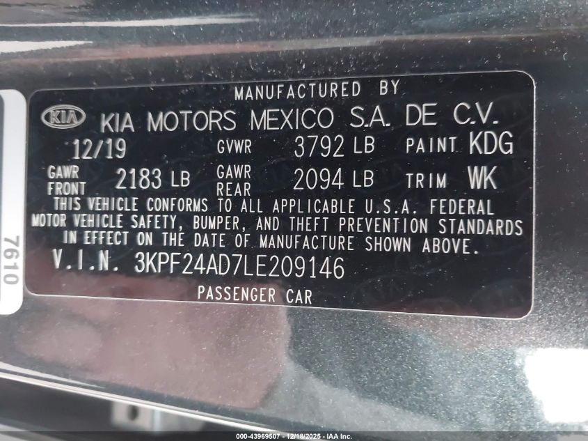 2020 Kia Forte Lxs VIN: 3KPF24AD7LE209146 Lot: 43969507
