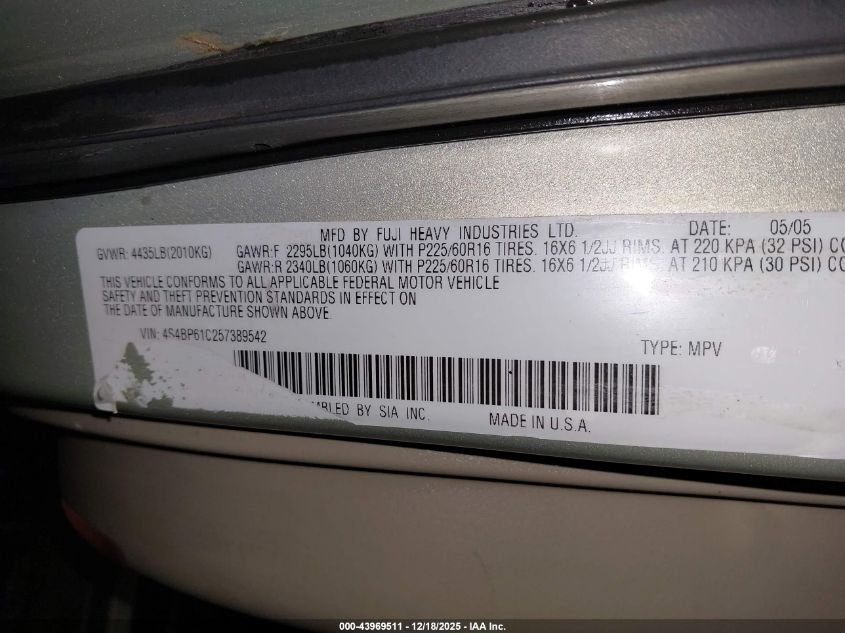 2005 Subaru Outback 2.5I VIN: 4S4BP61C257389542 Lot: 43969511