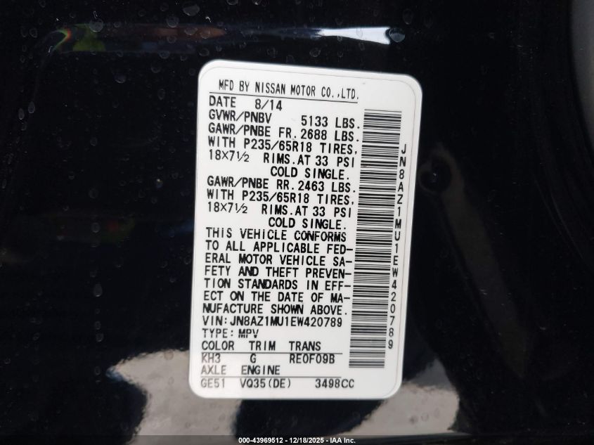 2014 Nissan Murano Sv VIN: JN8AZ1MU1EW420789 Lot: 43969512