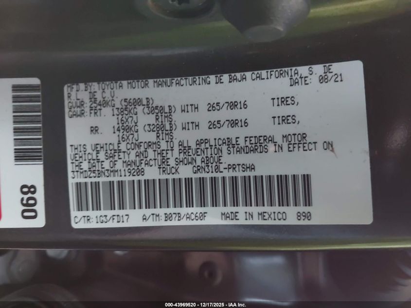 2021 Toyota Tacoma Trd Off-Road VIN: 3TMDZ5BN3MM119208 Lot: 43969520