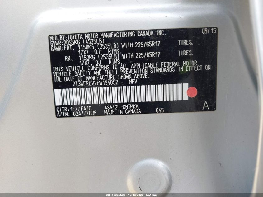 2015 Toyota Rav4 Xle VIN: 2T3WFREV2FW194052 Lot: 43969523