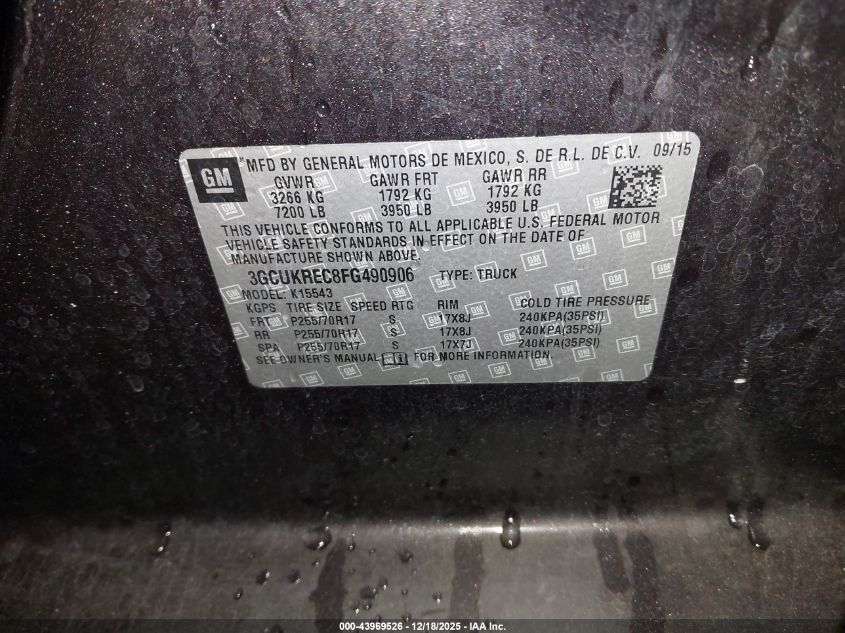 2015 Chevrolet Silverado 1500 1Lt VIN: 3GCUKREC8FG490906 Lot: 43969526