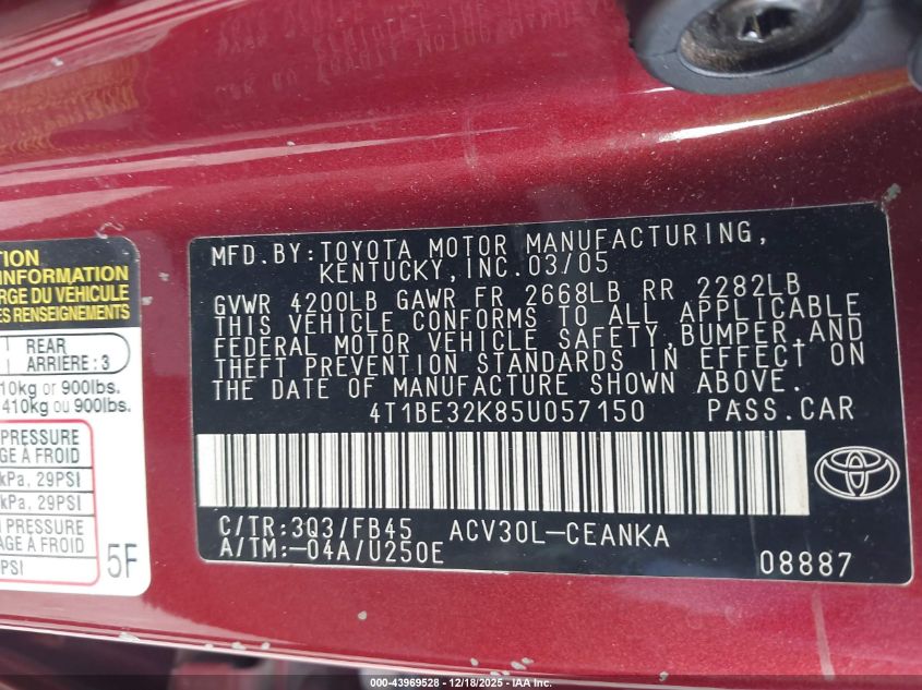 2005 Toyota Camry Le VIN: 4T1BE32K85U057150 Lot: 43969528