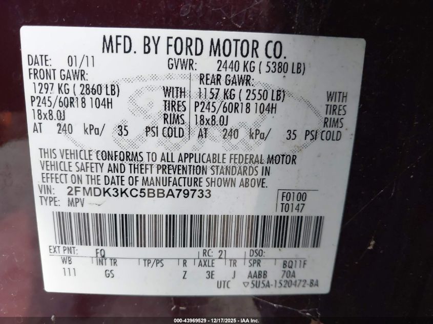 2011 Ford Edge Limited VIN: 2FMDK3KC5BBA79733 Lot: 43969529