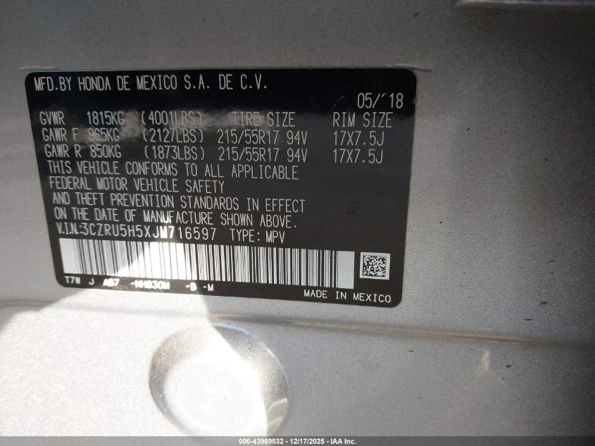 2018 Honda Hr-V Ex VIN: 3CZRU5H5XJM716597 Lot: 43969532