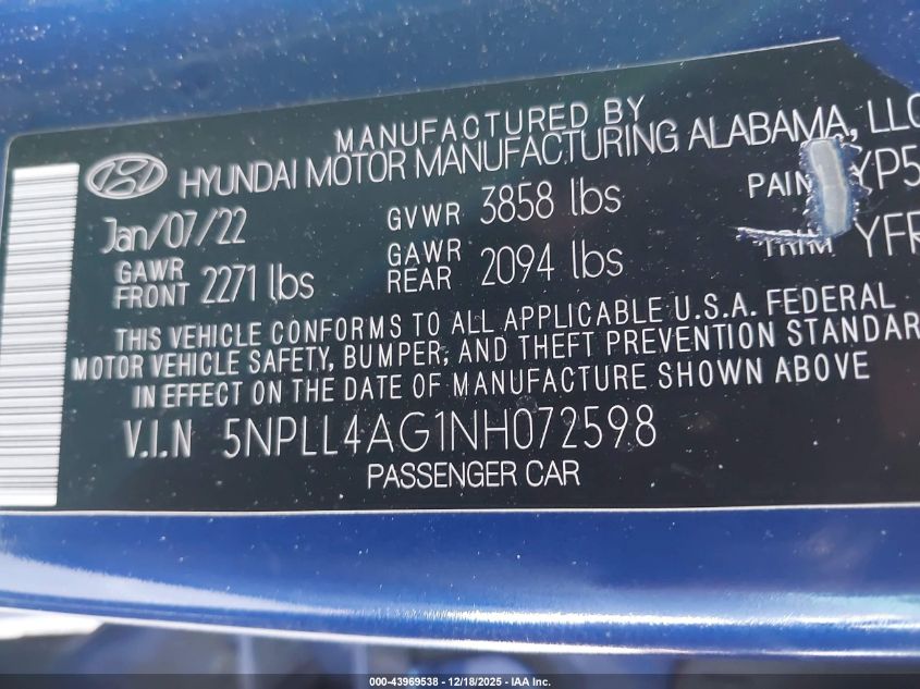 2022 Hyundai Elantra Se VIN: 5NPLL4AG1NH072598 Lot: 43969538
