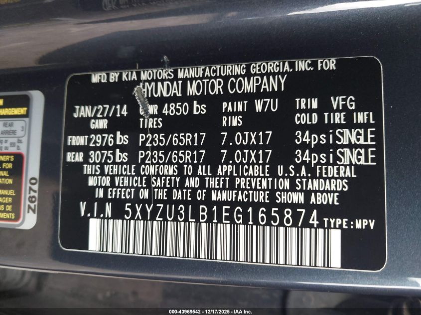 2014 Hyundai Santa Fe Sport 2.4L VIN: 5XYZU3LB1EG165874 Lot: 43969542