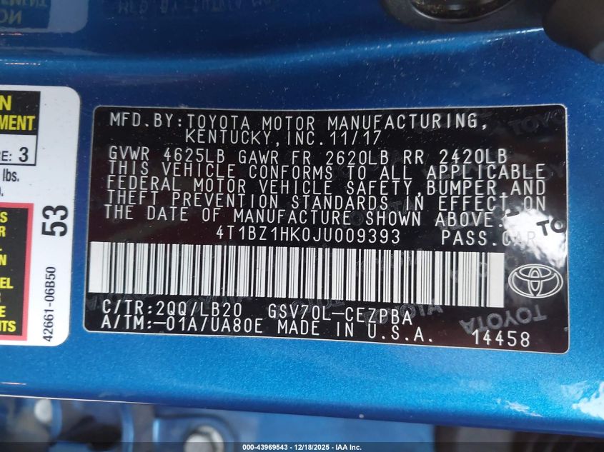 2018 Toyota Camry Xse V6 VIN: 4T1BZ1HK0JU009393 Lot: 43969543