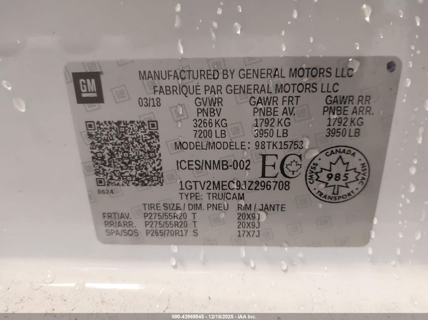 2018 GMC Sierra 1500 Sle VIN: 1GTV2MEC9JZ296708 Lot: 43969545