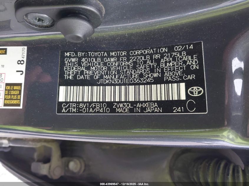 2014 Toyota Prius Two VIN: JTDKN3DU1E0363245 Lot: 43969547