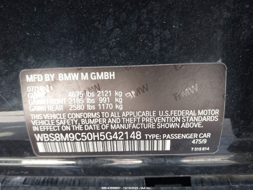 2017 BMW M3 VIN: WBS8M9C50H5G42148 Lot: 43969551