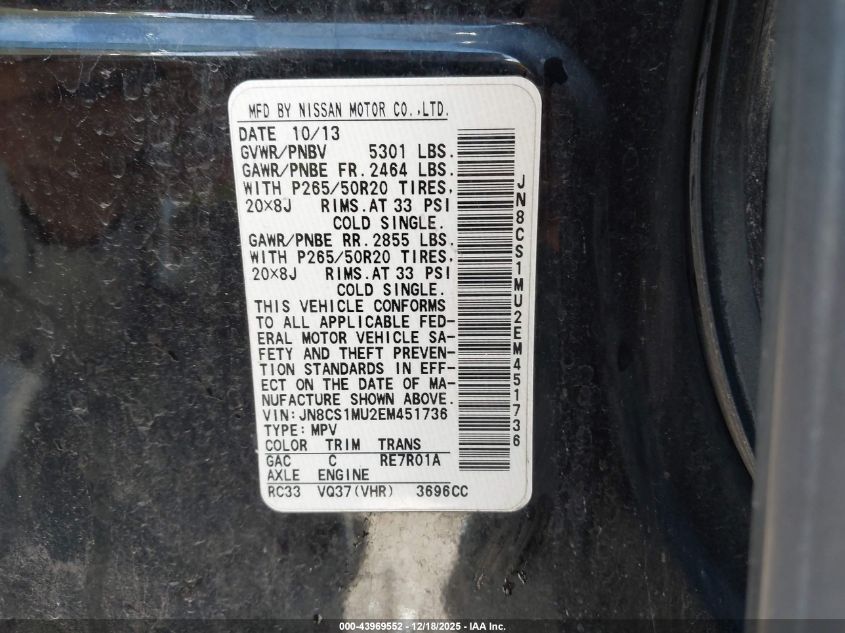 2014 Infiniti Qx70 VIN: JN8CS1MU2EM451736 Lot: 43969552