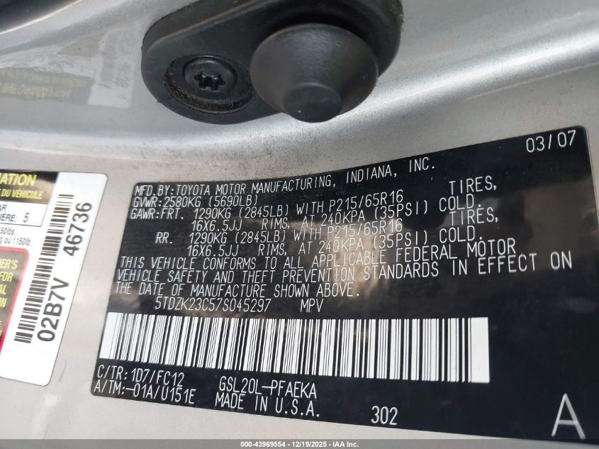 2007 Toyota Sienna Le VIN: 5TDZK23C57S045297 Lot: 43969554