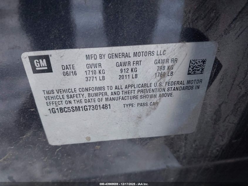 2016 Chevrolet Cruze Ls Auto VIN: 1G1BC5SM1G7301481 Lot: 43969559