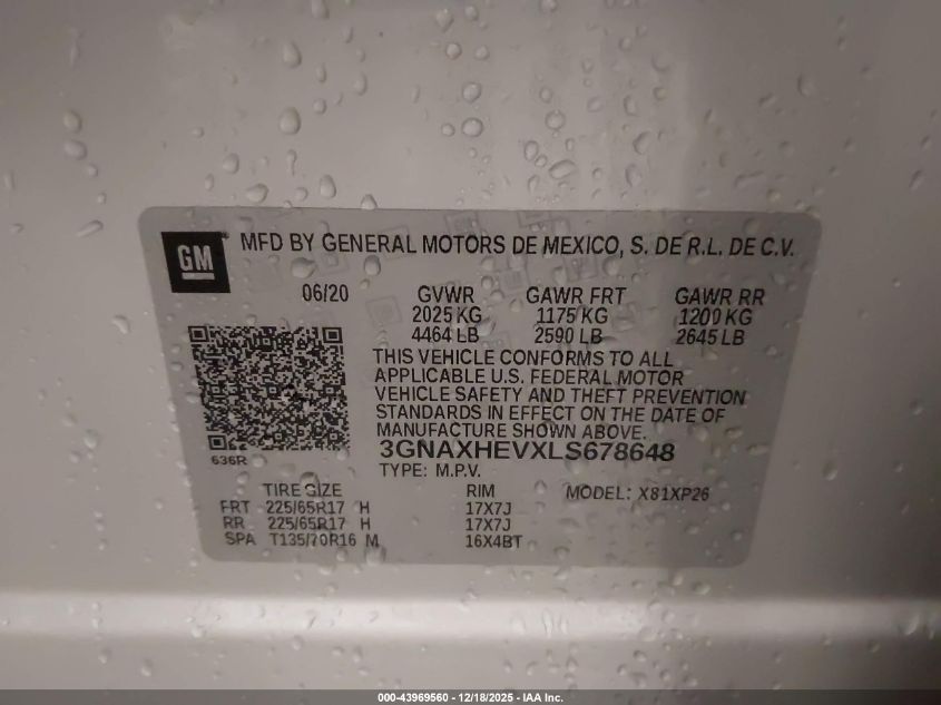 2020 Chevrolet Equinox Fwd Ls VIN: 3GNAXHEVXLS678648 Lot: 43969560