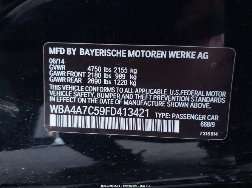 2015 BMW 428 Gran Coupe xDrive VIN: WBA4A7C59FD413421 Lot: 43969561