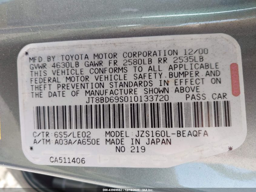 2001 Lexus Gs 300 VIN: JT8BD69S010133720 Lot: 43969562