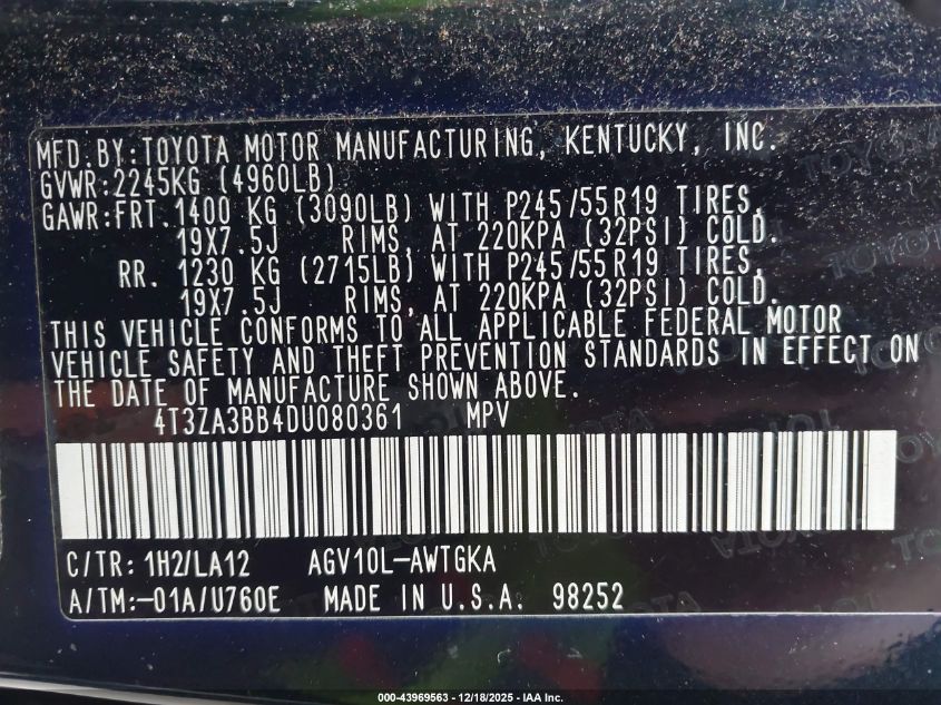 2013 Toyota Venza Xle VIN: 4T3ZA3BB4DU080361 Lot: 43969563