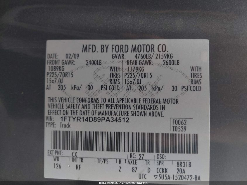 2009 Ford Ranger Xl/Xlt VIN: 1FTYR14D89PA34512 Lot: 43969565