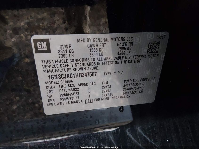 2017 Chevrolet Suburban Premier VIN: 1GNSCJKC1HR247507 Lot: 43969566