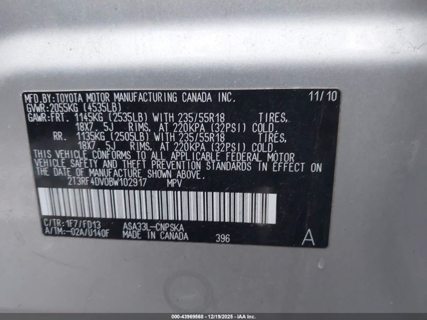 2011 Toyota Rav4 Sport VIN: 2T3RF4DV0BW102917 Lot: 43969568