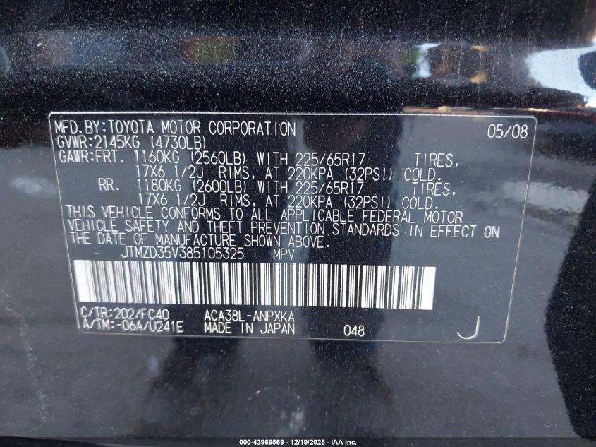 2008 Toyota Rav4 VIN: JTMZD35V385105325 Lot: 43969569